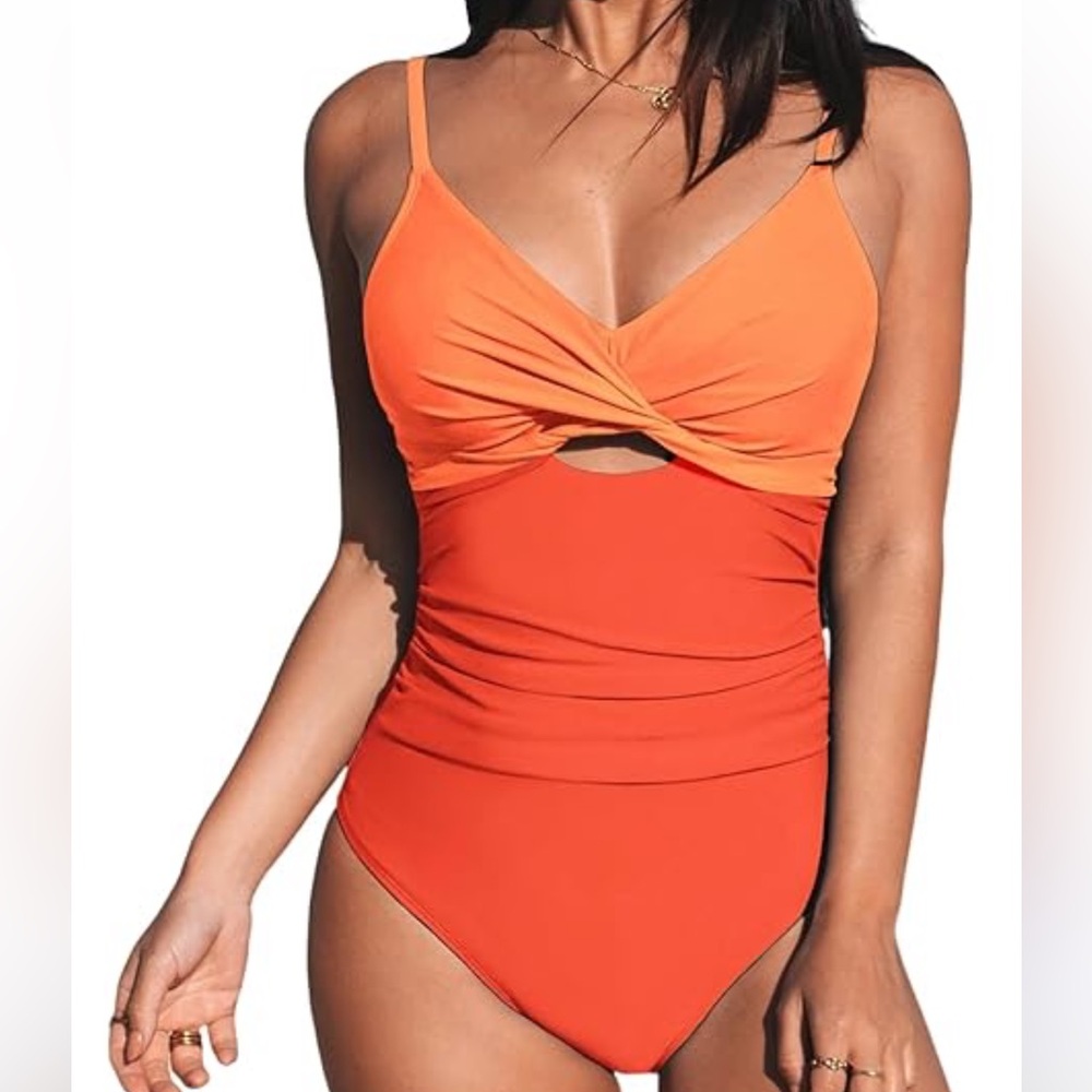 Cupshe Two-Tone Orange Twist Front One-Piece Swimsuit